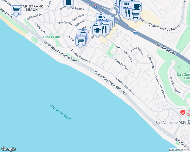 map of restaurants, bars, coffee shops, grocery stores, and more near 35321 Beach Road in Dana Point