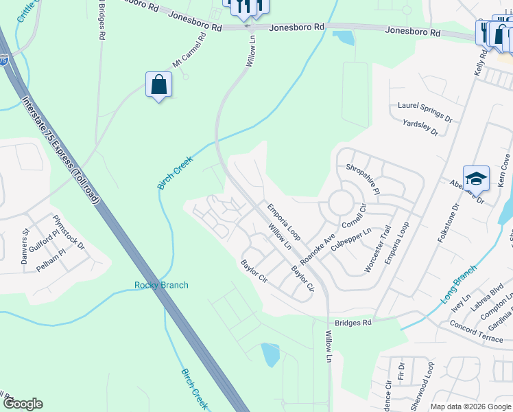 map of restaurants, bars, coffee shops, grocery stores, and more near Hopewell Place in McDonough