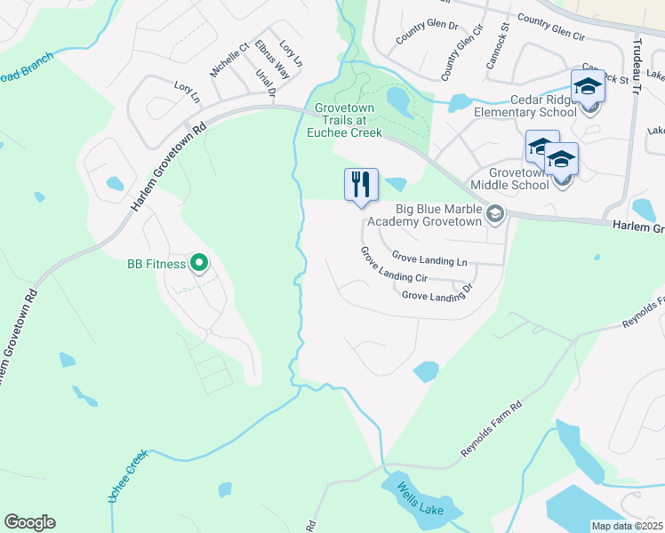 map of restaurants, bars, coffee shops, grocery stores, and more near 2195 Grove Landing Way in Grovetown