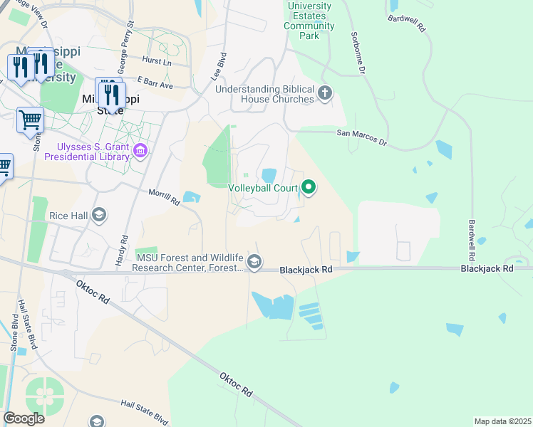 map of restaurants, bars, coffee shops, grocery stores, and more near 147 Mary Lee Lane in Starkville