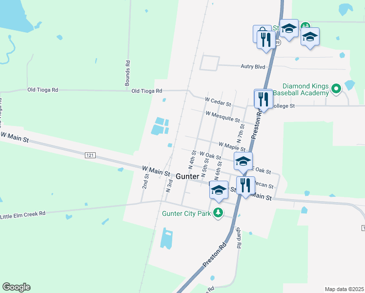 map of restaurants, bars, coffee shops, grocery stores, and more near 522 West Oak Street in Gunter