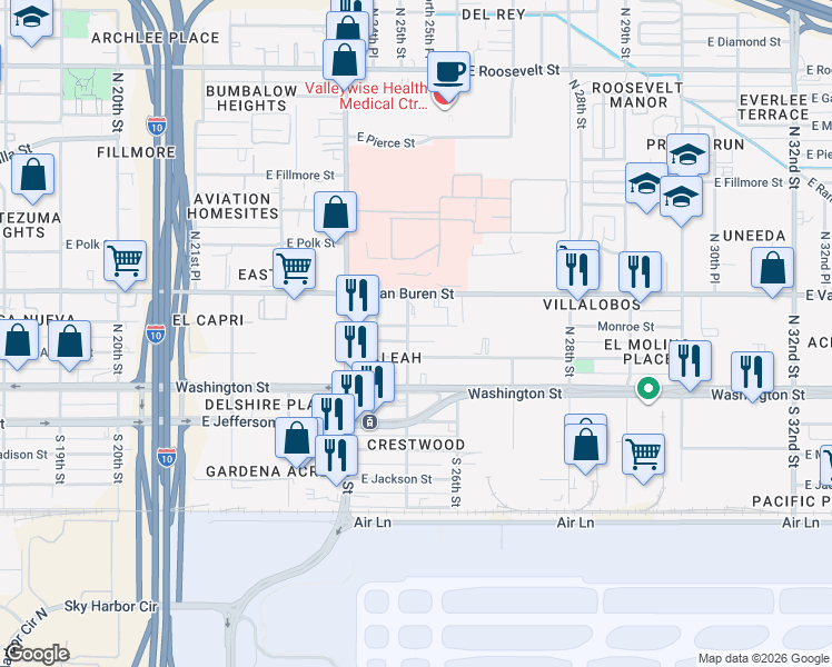 map of restaurants, bars, coffee shops, grocery stores, and more near 2505 East Monroe Street in Phoenix
