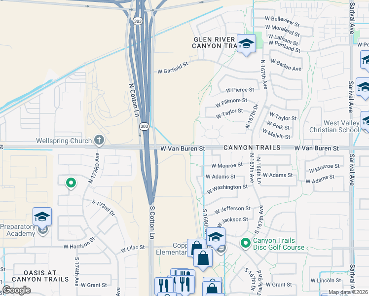 map of restaurants, bars, coffee shops, grocery stores, and more near 16893 West Van Buren Street in Goodyear