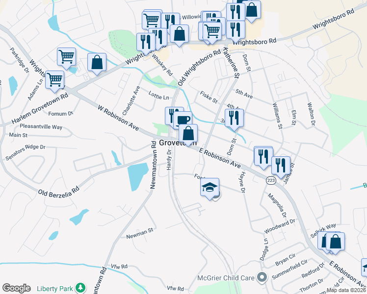 map of restaurants, bars, coffee shops, grocery stores, and more near 106 East Robinson Avenue in Grovetown