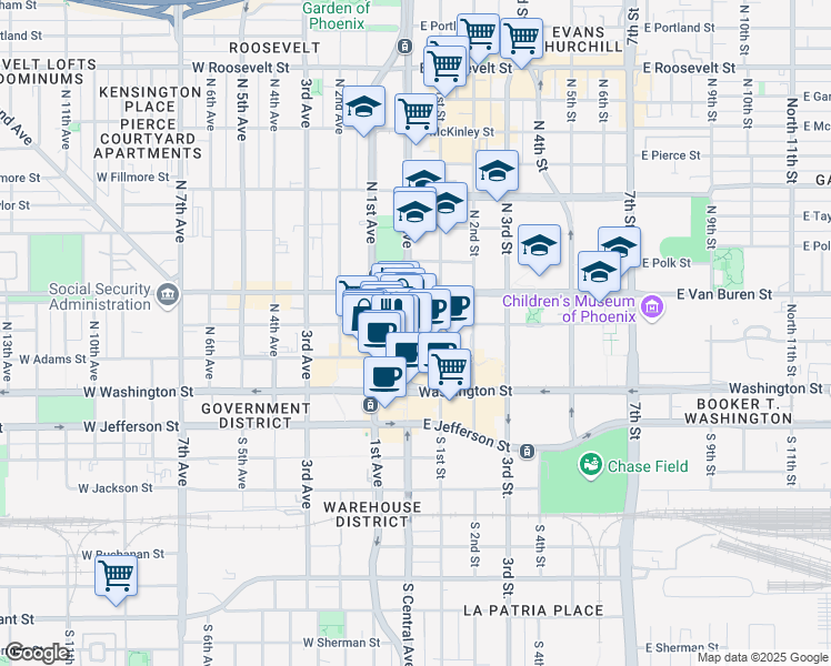 map of restaurants, bars, coffee shops, grocery stores, and more near 130 North Central Avenue in Phoenix