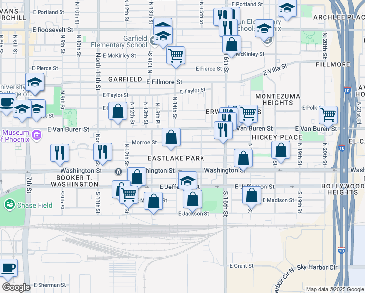 map of restaurants, bars, coffee shops, grocery stores, and more near 1411 East Monroe Street in Phoenix