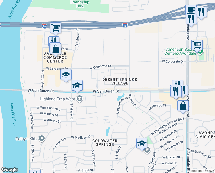 map of restaurants, bars, coffee shops, grocery stores, and more near 12041 West Polk Street in Avondale