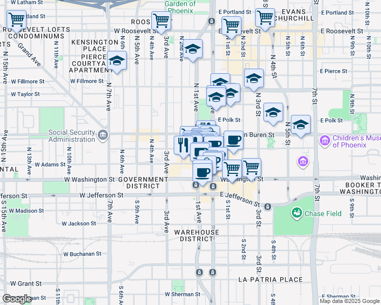 map of restaurants, bars, coffee shops, grocery stores, and more near 111 West Monroe Street in Phoenix