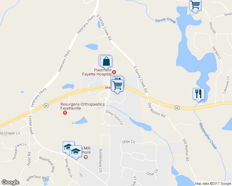 map of restaurants, bars, coffee shops, grocery stores, and more near 1240 Georgia 54 in Fayetteville