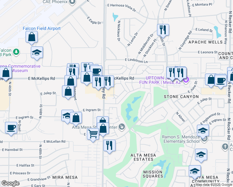 map of restaurants, bars, coffee shops, grocery stores, and more near 1865 North Higley Road in Mesa