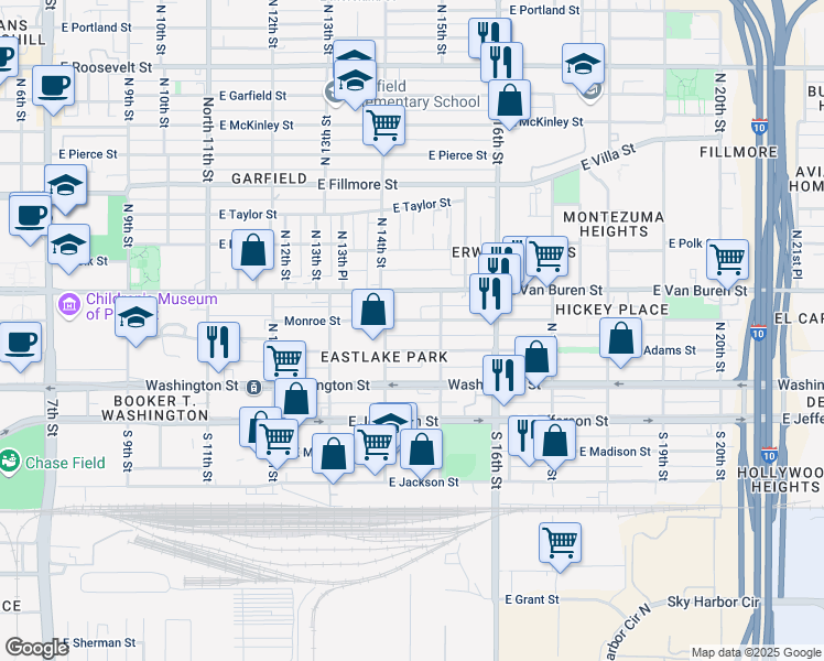 map of restaurants, bars, coffee shops, grocery stores, and more near 1411 East Monroe Street in Phoenix