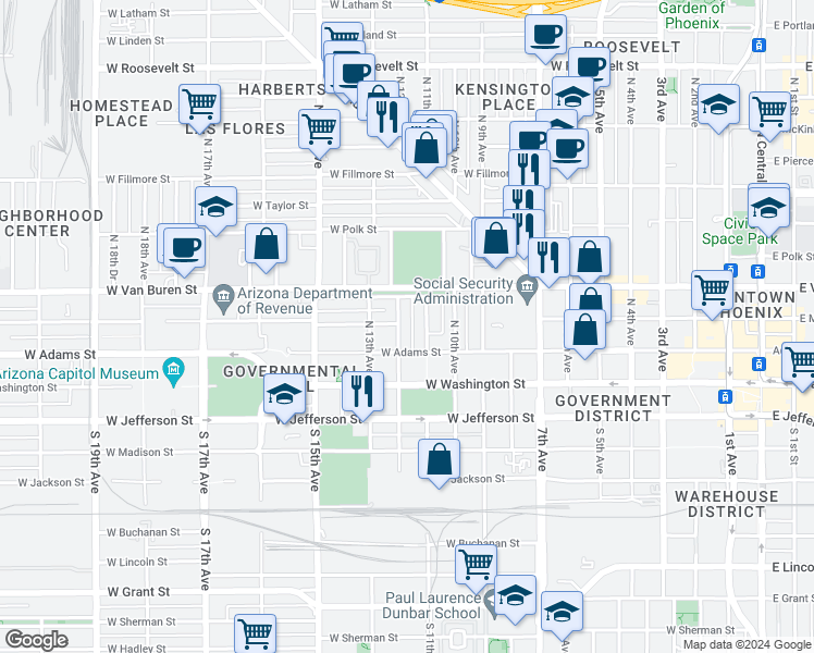 map of restaurants, bars, coffee shops, grocery stores, and more near 120 North 11th Avenue in Phoenix