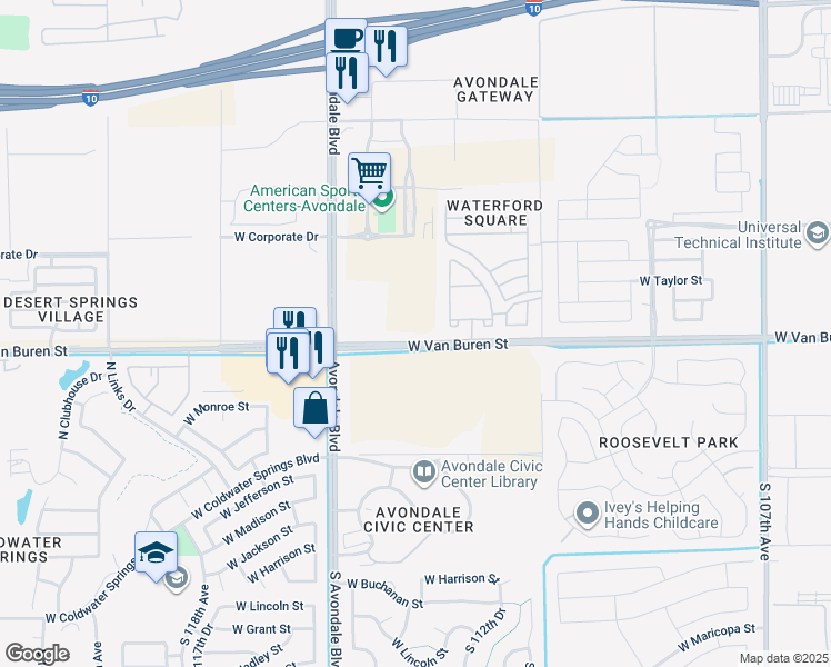 map of restaurants, bars, coffee shops, grocery stores, and more near 11484 West Van Buren Street in Avondale