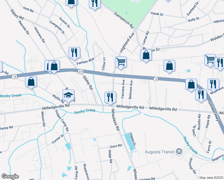 map of restaurants, bars, coffee shops, grocery stores, and more near 2263 Wheeless Rd in Augusta