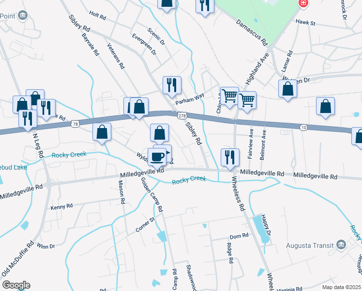 map of restaurants, bars, coffee shops, grocery stores, and more near 2646 Kennedy Circle in Augusta