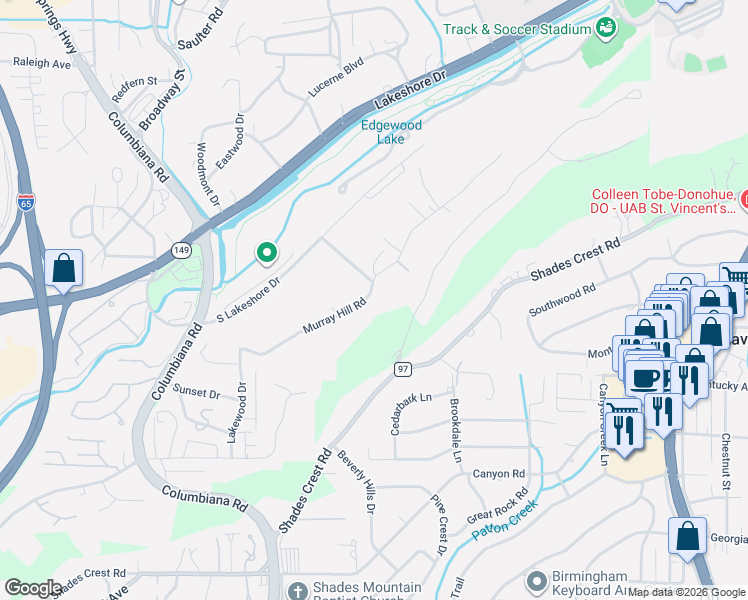map of restaurants, bars, coffee shops, grocery stores, and more near 1785 Murray Hill Road in Vestavia Hills