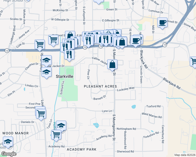 map of restaurants, bars, coffee shops, grocery stores, and more near 900 Howard Road in Starkville