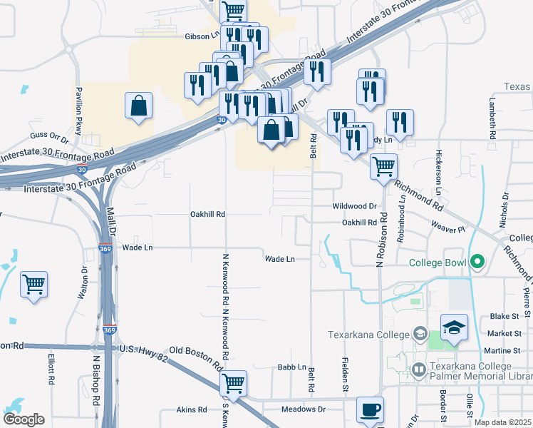 map of restaurants, bars, coffee shops, grocery stores, and more near 511 Champion Place in Texarkana