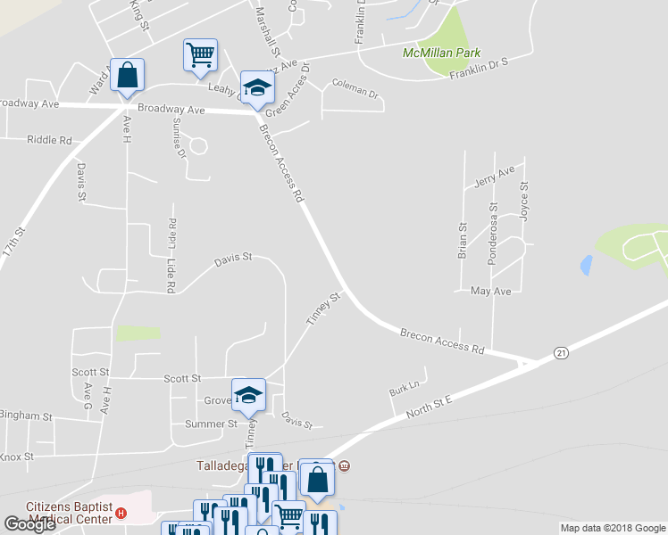 map of restaurants, bars, coffee shops, grocery stores, and more near 481 Brecon Access Road in Talladega