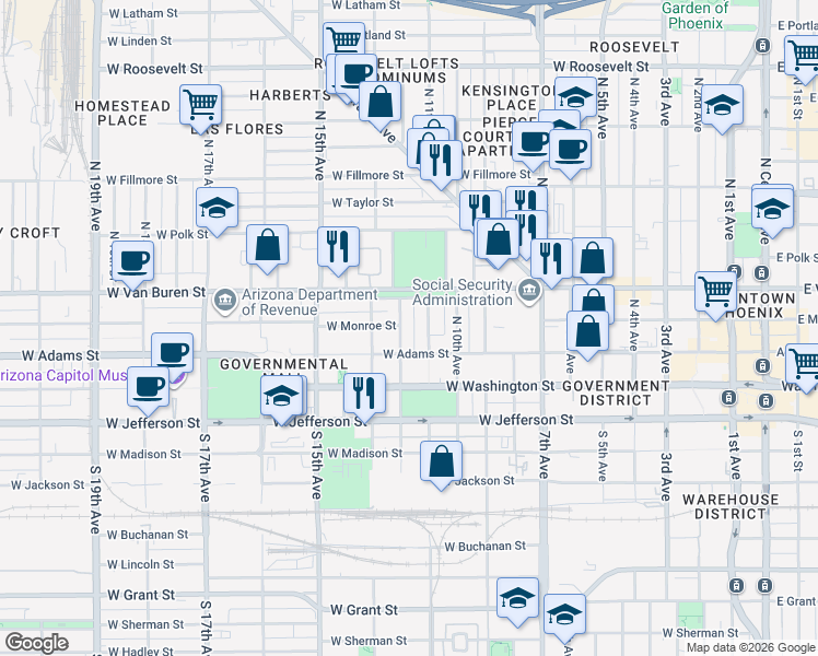 map of restaurants, bars, coffee shops, grocery stores, and more near 120 North 11th Avenue in Phoenix