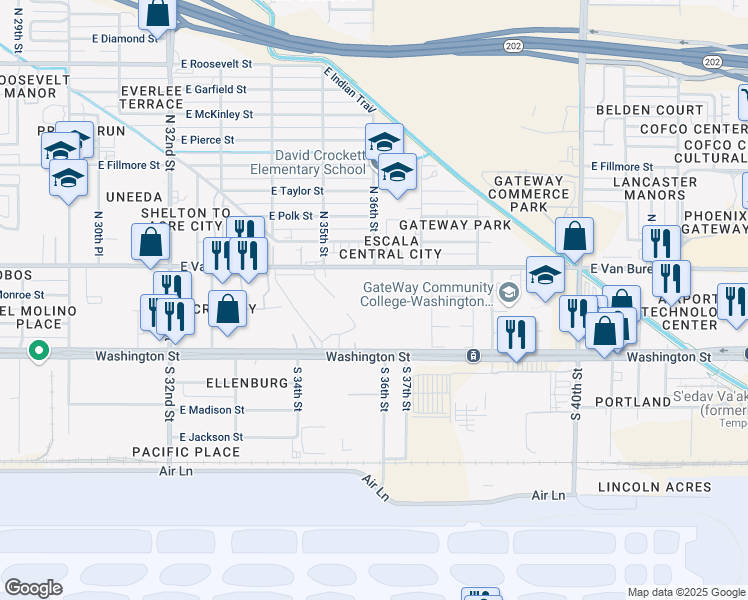 map of restaurants, bars, coffee shops, grocery stores, and more near 3523 East Van Buren Street in Phoenix
