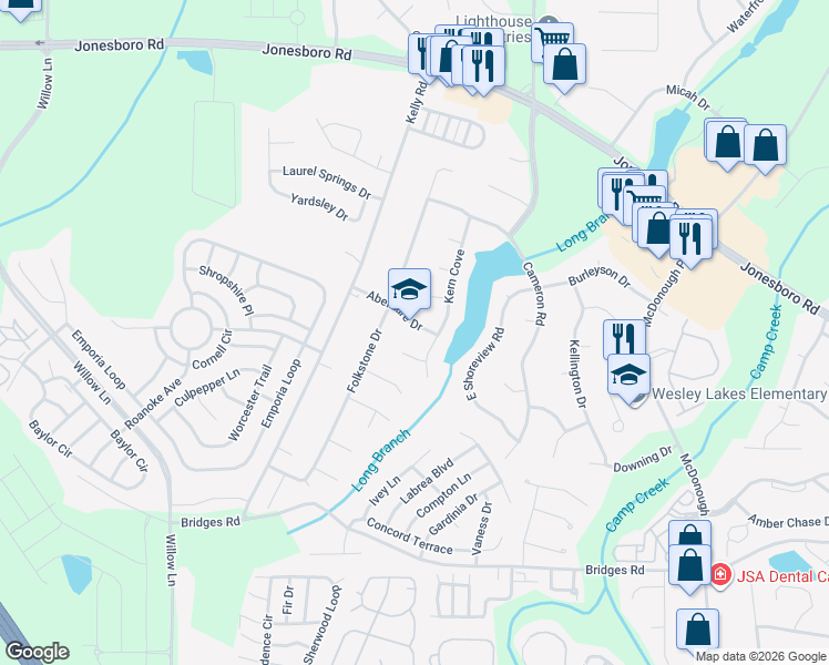 map of restaurants, bars, coffee shops, grocery stores, and more near 1310 Aberdare Drive in McDonough