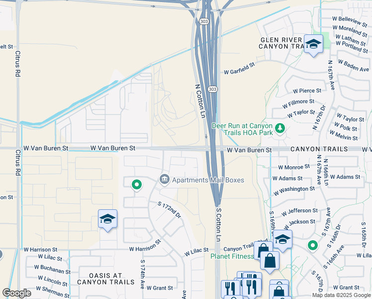 map of restaurants, bars, coffee shops, grocery stores, and more near 17231 West Van Buren Street in Goodyear