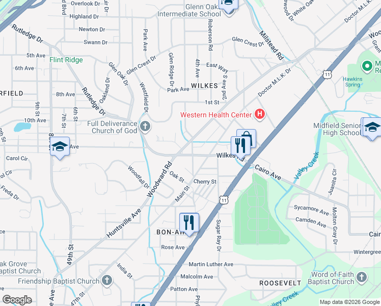 map of restaurants, bars, coffee shops, grocery stores, and more near 1115 Wilkes Road in Birmingham