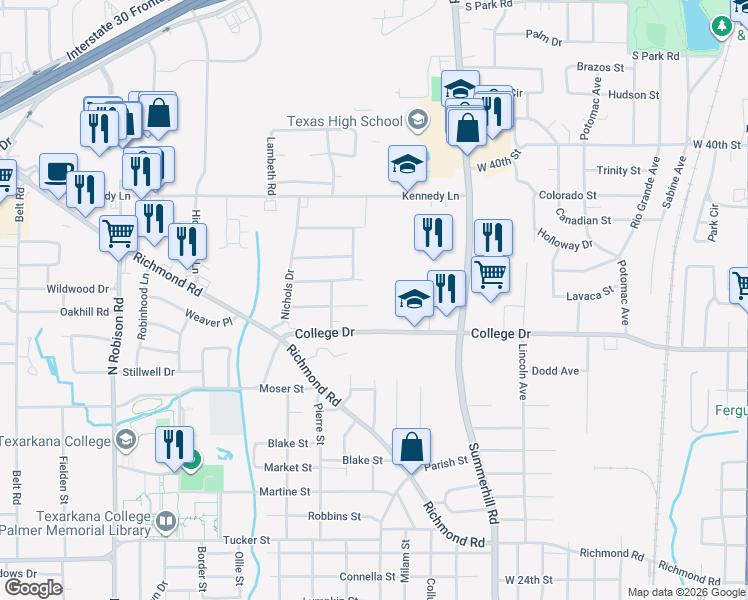 map of restaurants, bars, coffee shops, grocery stores, and more near 2202 Shady Lane in Texarkana
