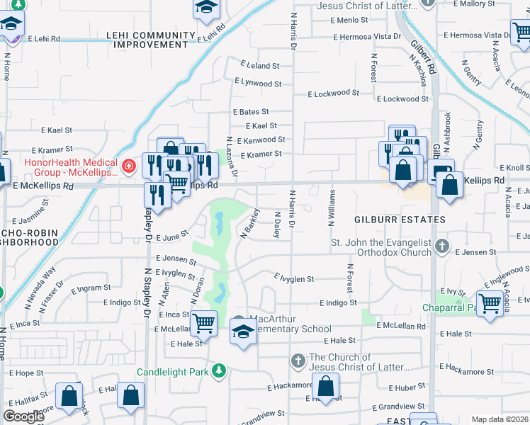 map of restaurants, bars, coffee shops, grocery stores, and more near 1509 E June St in Mesa