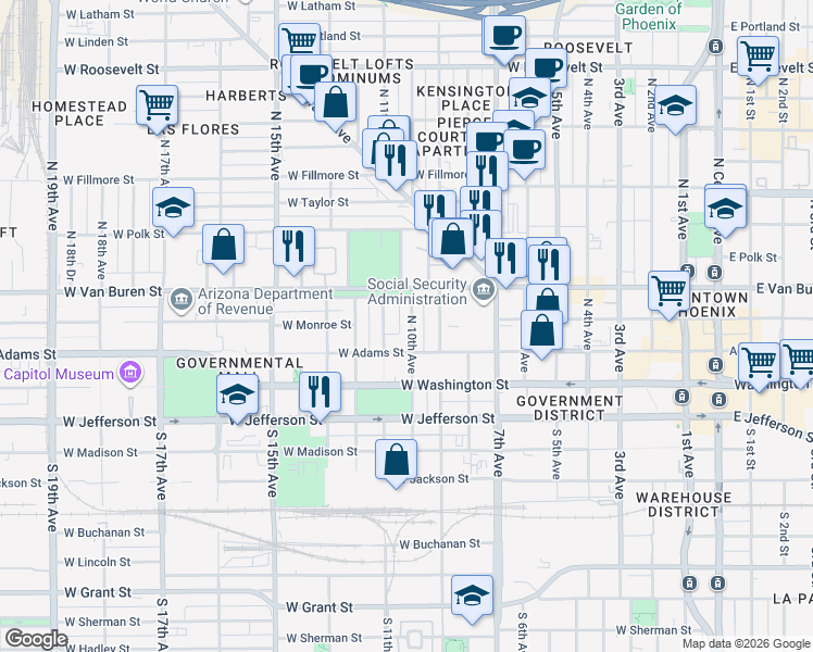 map of restaurants, bars, coffee shops, grocery stores, and more near 126 North 10th Avenue in Phoenix