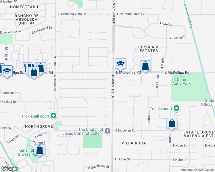 map of restaurants, bars, coffee shops, grocery stores, and more near 3530 East Jaeger Circle in Mesa