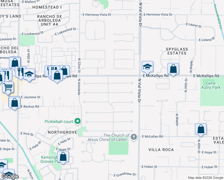 map of restaurants, bars, coffee shops, grocery stores, and more near 3404 East Jaeger Circle in Mesa