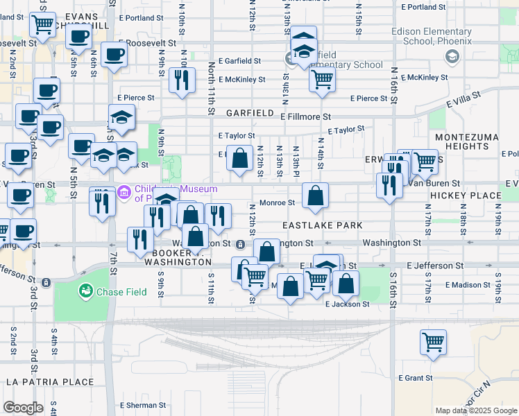map of restaurants, bars, coffee shops, grocery stores, and more near 1205 East Monroe Street in Phoenix