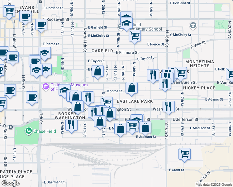 map of restaurants, bars, coffee shops, grocery stores, and more near 1237 East Monroe Street in Phoenix