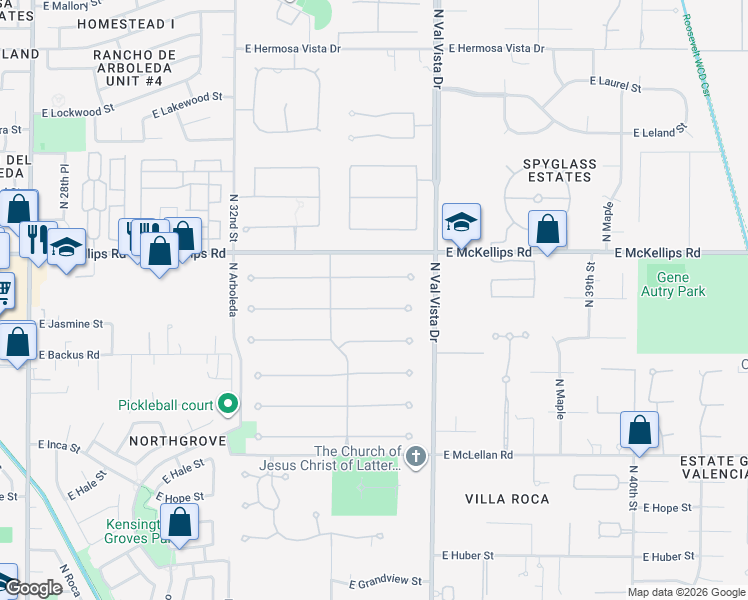 map of restaurants, bars, coffee shops, grocery stores, and more near 3452 East Jaeger Circle in Mesa