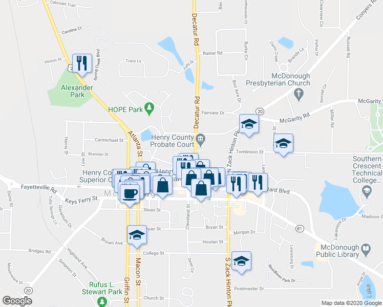 map of restaurants, bars, coffee shops, grocery stores, and more near 88 Sims Street in McDonough