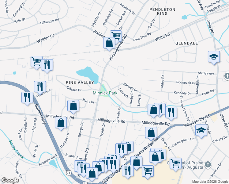 map of restaurants, bars, coffee shops, grocery stores, and more near 2279 Darlington Drive in Augusta