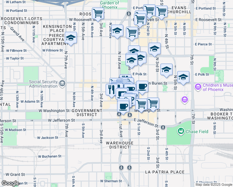 map of restaurants, bars, coffee shops, grocery stores, and more near 111 West Monroe Street in Phoenix