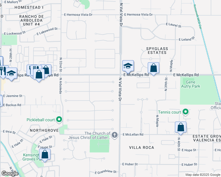 map of restaurants, bars, coffee shops, grocery stores, and more near 3530 East Jaeger Circle in Mesa