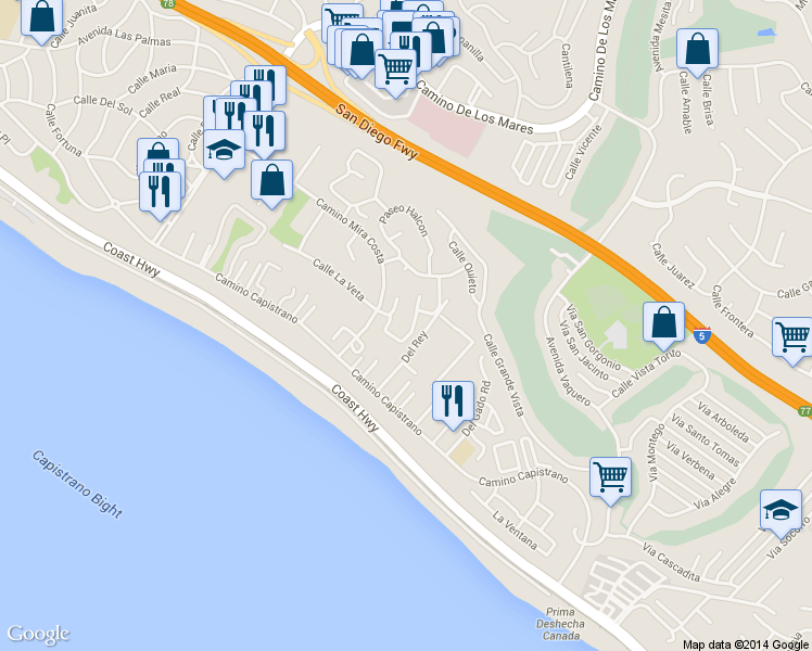 map of restaurants, bars, coffee shops, grocery stores, and more near 3261 Paseo Gallita in San Clemente