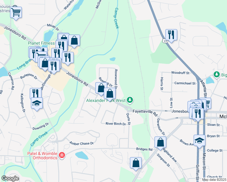map of restaurants, bars, coffee shops, grocery stores, and more near 105 Rosewood Drive in McDonough