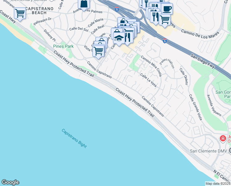 map of restaurants, bars, coffee shops, grocery stores, and more near 35321 Beach Road in Dana Point