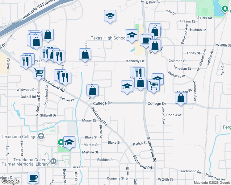 map of restaurants, bars, coffee shops, grocery stores, and more near 2202 Shady Lane in Texarkana