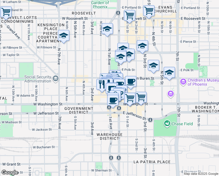 map of restaurants, bars, coffee shops, grocery stores, and more near 112 North 1st Avenue in Phoenix