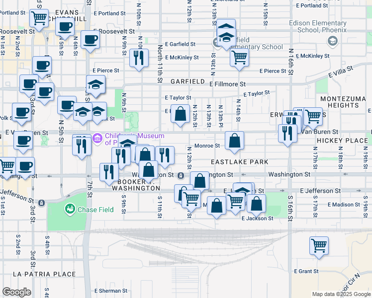 map of restaurants, bars, coffee shops, grocery stores, and more near 1205 East Monroe Street in Phoenix