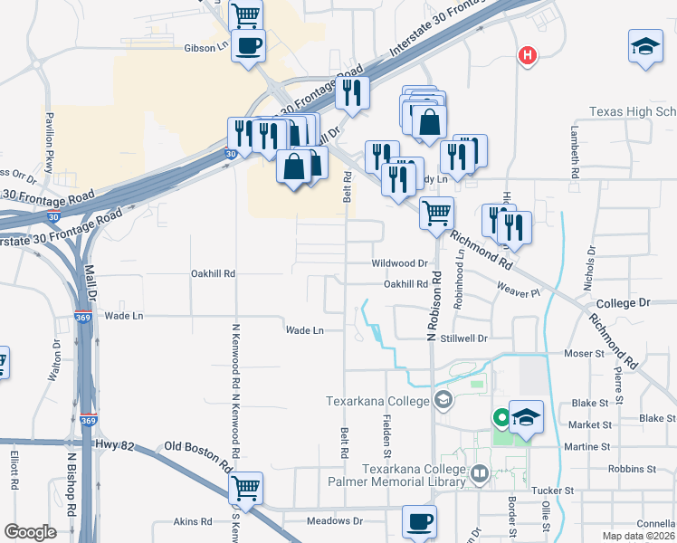 map of restaurants, bars, coffee shops, grocery stores, and more near 102 Cheyenne Place in Texarkana