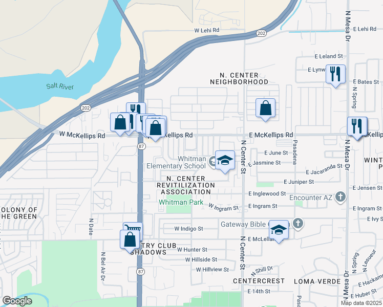 map of restaurants, bars, coffee shops, grocery stores, and more near 206 West June Circle in Mesa
