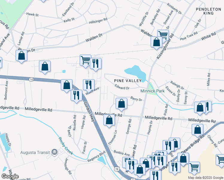 map of restaurants, bars, coffee shops, grocery stores, and more near 2741 Barry Dr in Augusta