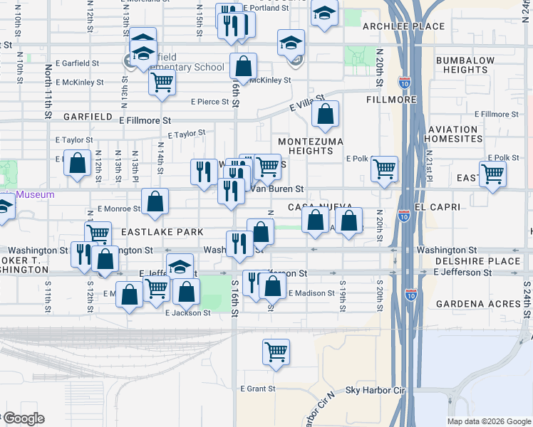 map of restaurants, bars, coffee shops, grocery stores, and more near 414 East Adams Street in Phoenix